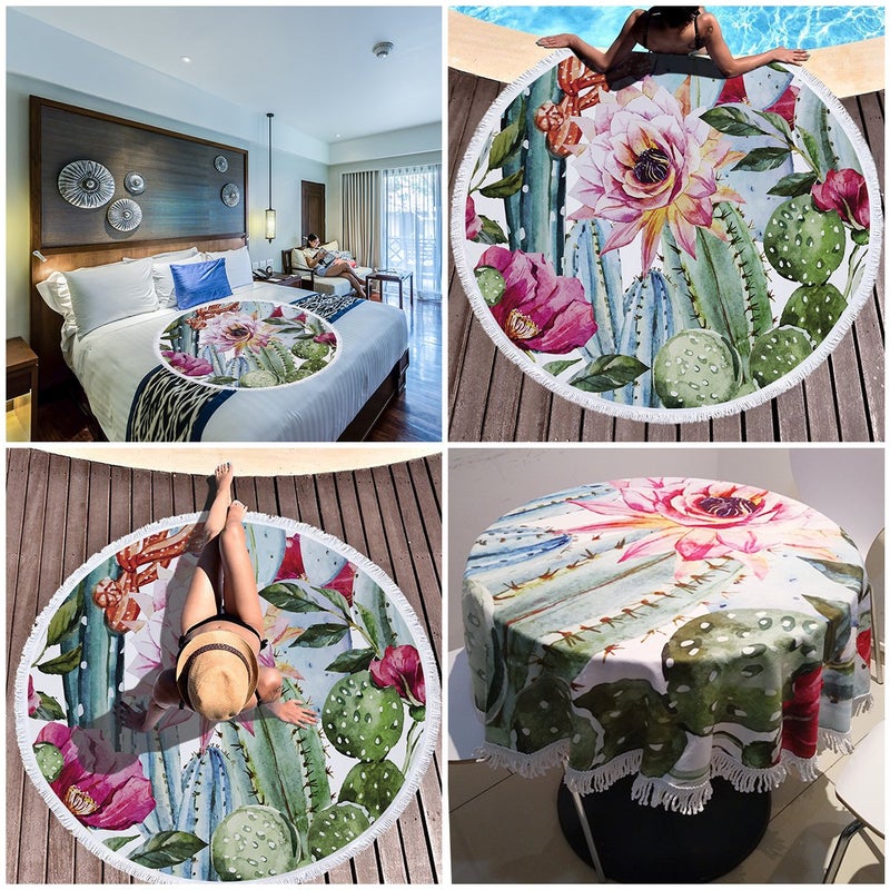 Violet Mist Round Palm Tree Beach Towel Tropical Round Mandala Beach Blanket 60 inch Oversized Microfiber Blanket Extra Large Swim Pool Bath Circle Towel with Tassels for Women Men Adults - Image 1